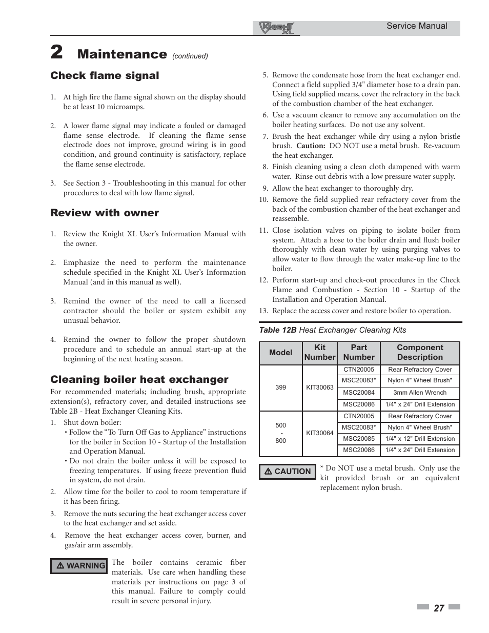 Maintenance, Check flame signal, Review with owner | Cleaning boiler heat exchanger | Lochinvar KNIGHT 399 User Manual | Page 27 / 44