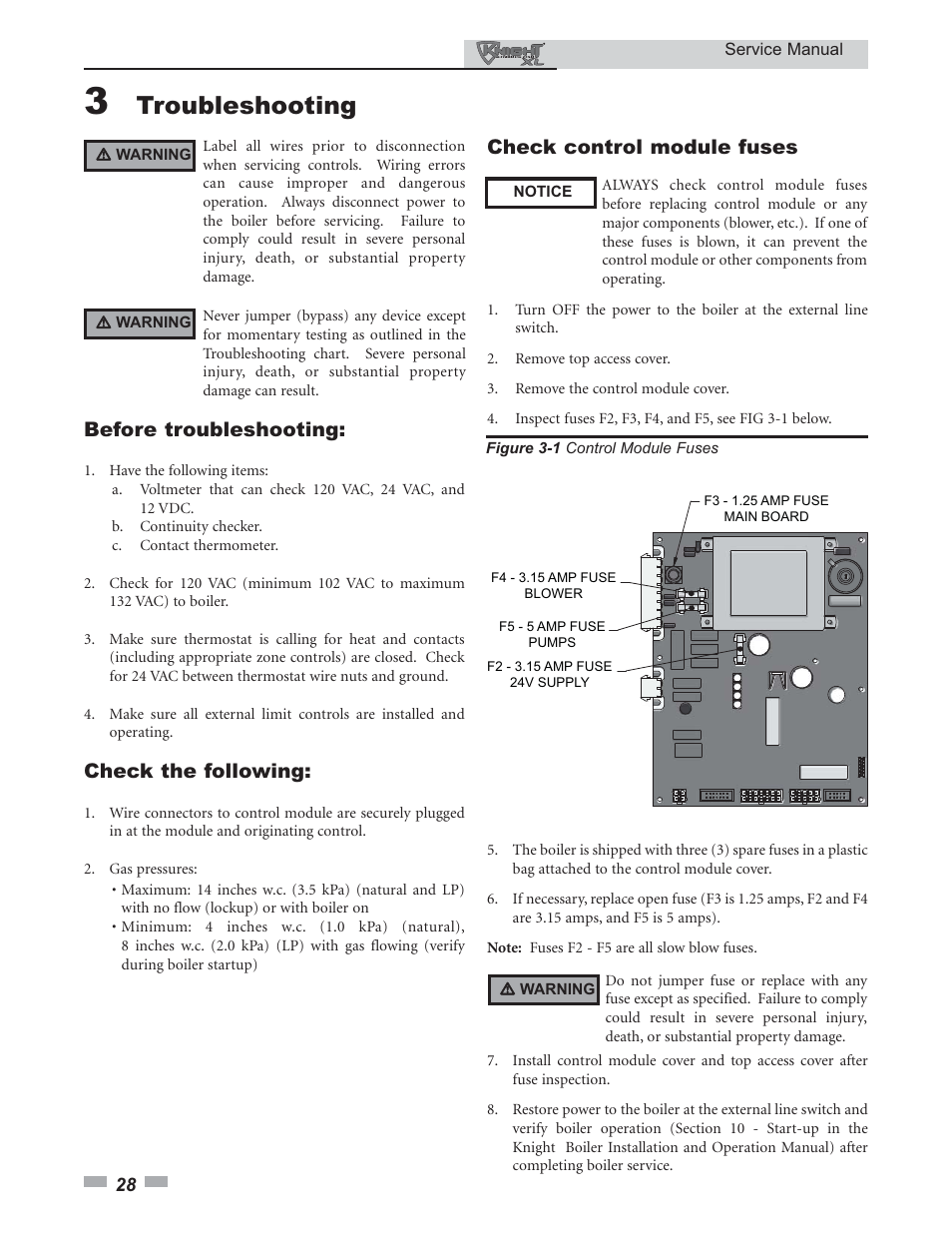 Troubleshooting, Before troubleshooting, Check the following | Check control module fuses | Lochinvar KNIGHT 399 User Manual | Page 28 / 44