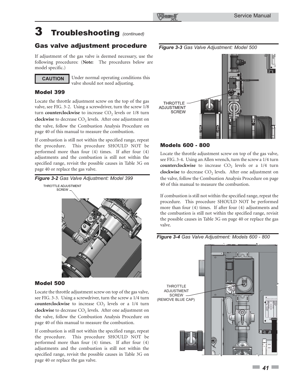 Troubleshooting, Gas valve adjustment procedure | Lochinvar KNIGHT 399 User Manual | Page 41 / 44