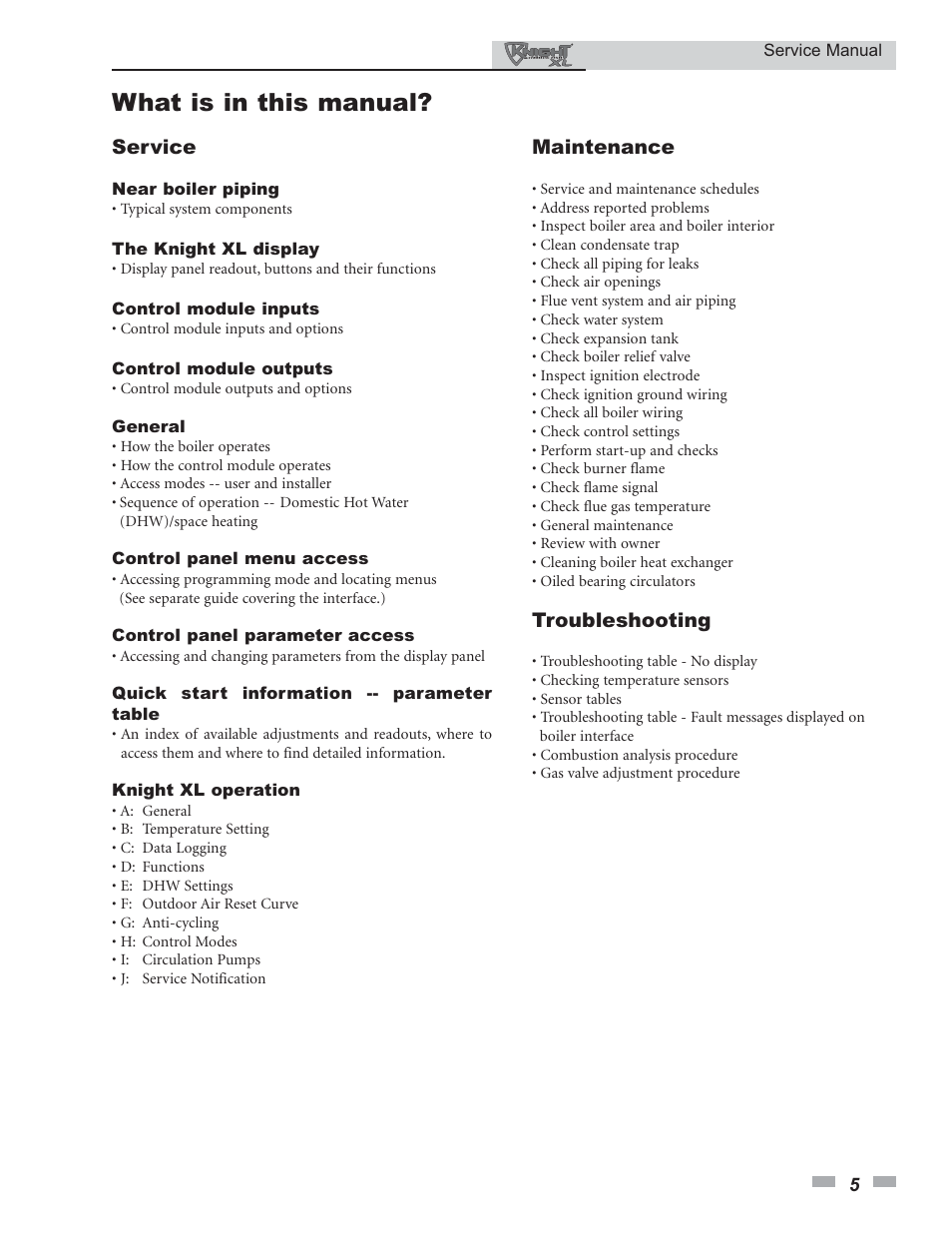 What is in this manual, Service, Maintenance | Troubleshooting | Lochinvar KNIGHT 399 User Manual | Page 5 / 44