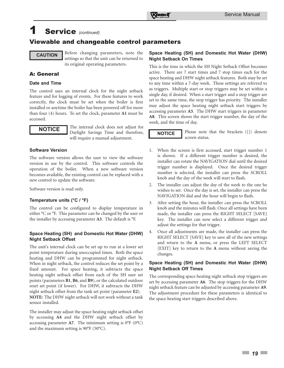 Service, Viewable and changeable control parameters | Lochinvar KNIGHT 51-211 User Manual | Page 19 / 48