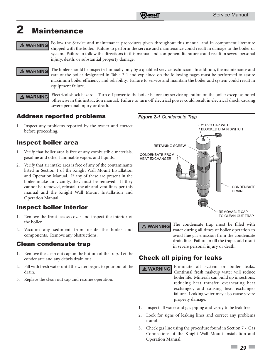 Maintenance, Address reported problems, Inspect boiler area | Inspect boiler interior, Clean condensate trap, Check all piping for leaks | Lochinvar KNIGHT 51-211 User Manual | Page 29 / 48