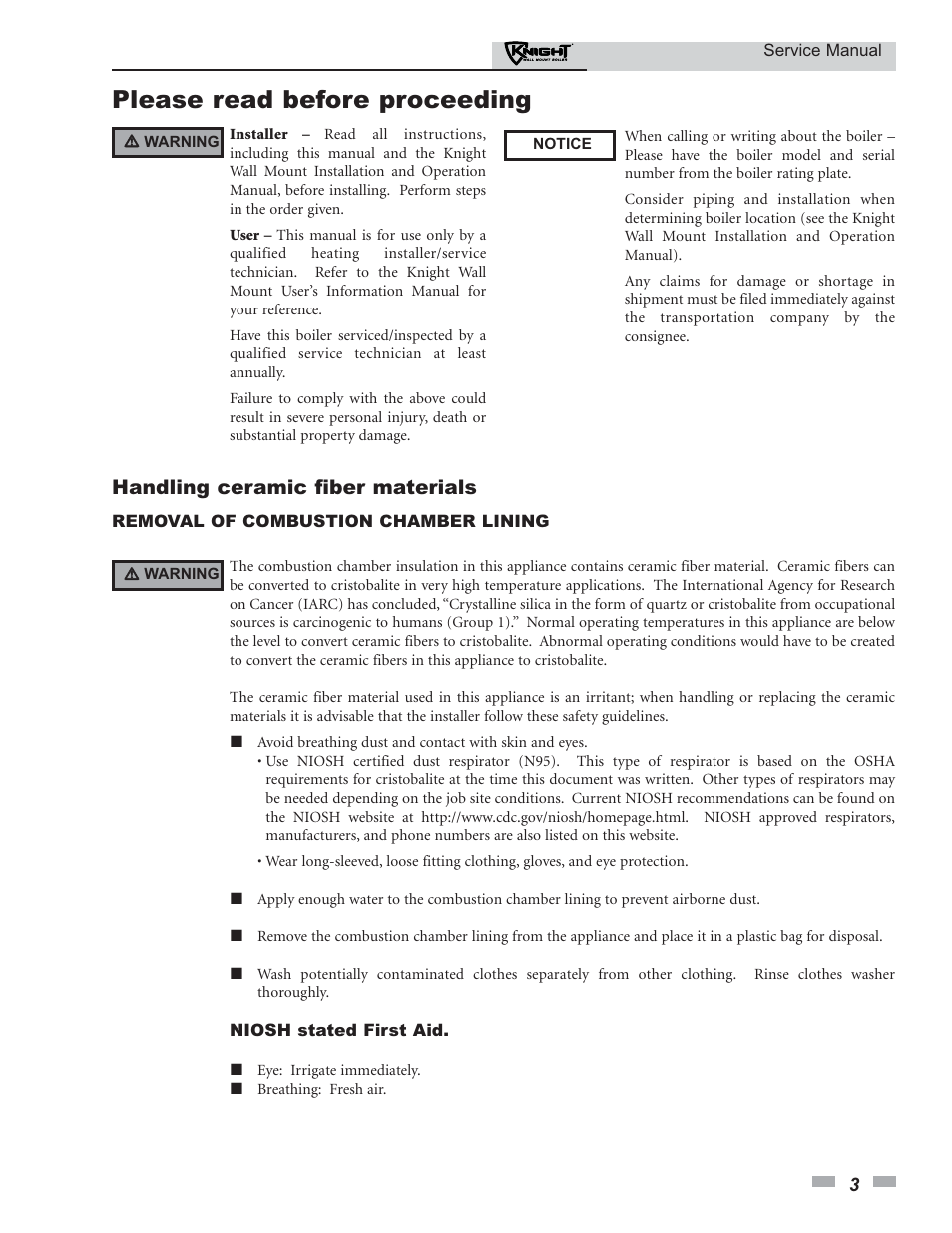 Please read before proceeding, Handling ceramic fiber materials | Lochinvar KNIGHT 51-211 User Manual | Page 3 / 48