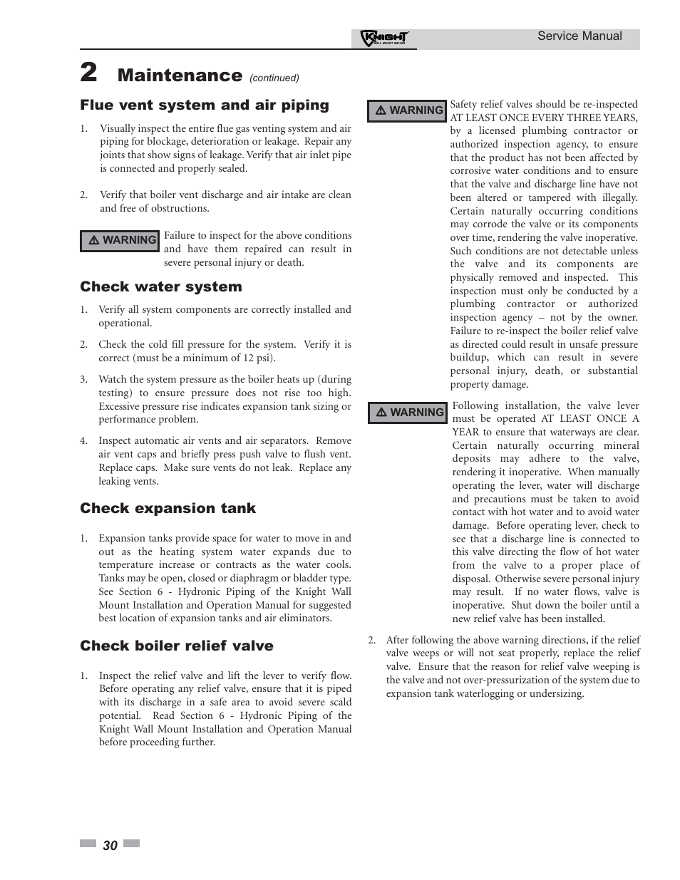 Maintenance | Lochinvar KNIGHT 51-211 User Manual | Page 30 / 48
