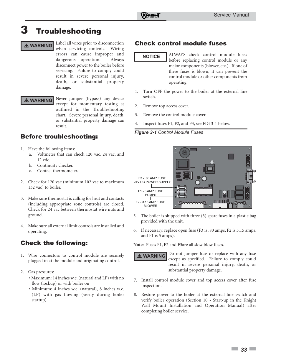 Troubleshooting, Before troubleshooting, Check the following | Check control module fuses | Lochinvar KNIGHT 51-211 User Manual | Page 33 / 48