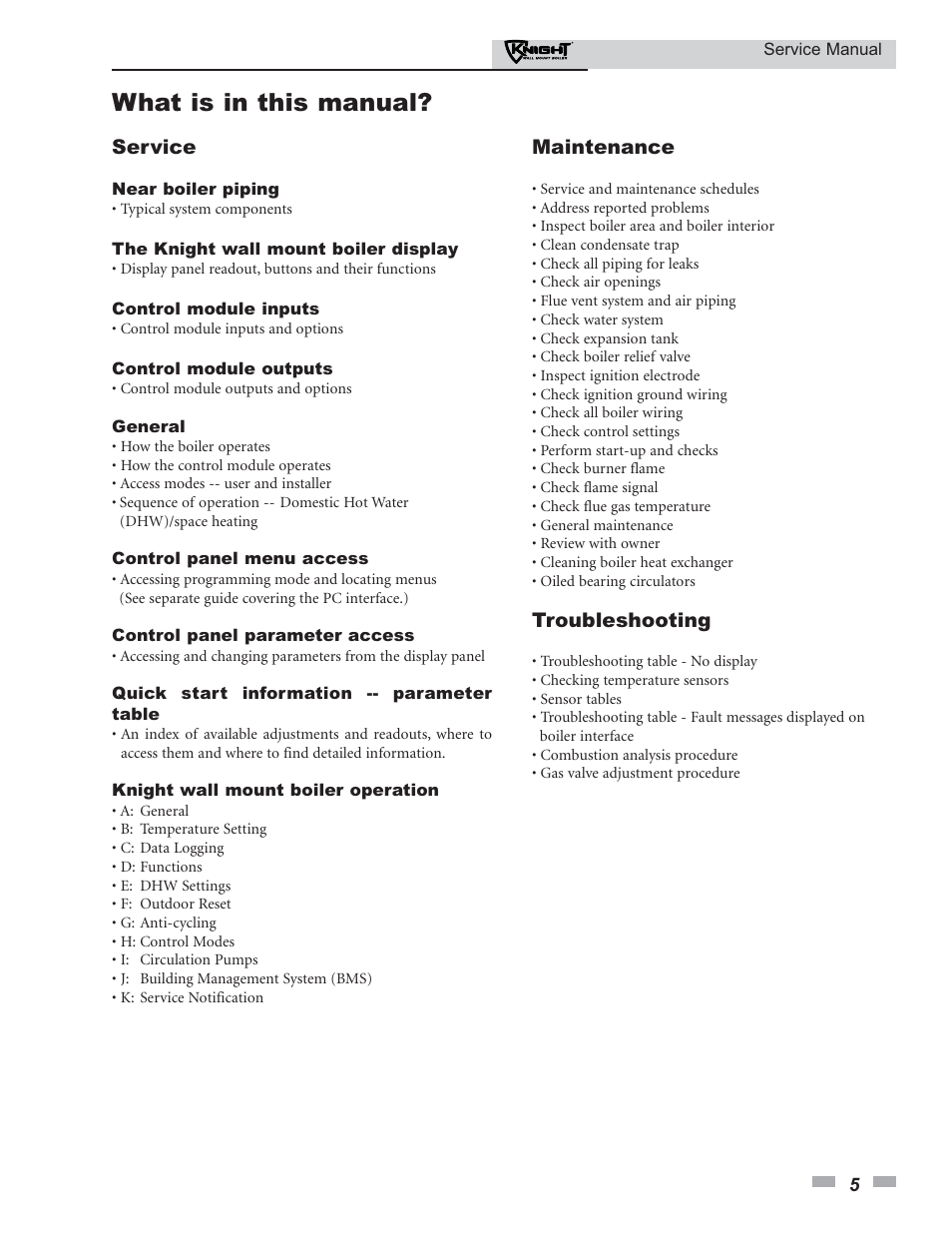 What is in this manual, Service, Maintenance | Troubleshooting | Lochinvar KNIGHT 51-211 User Manual | Page 5 / 48