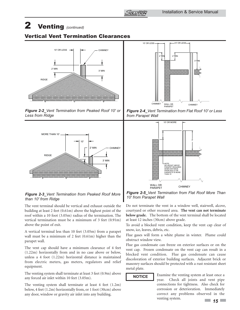 Venting, Vertical vent termination clearances, Installation & service manual | Lochinvar 45 User Manual | Page 15 / 52