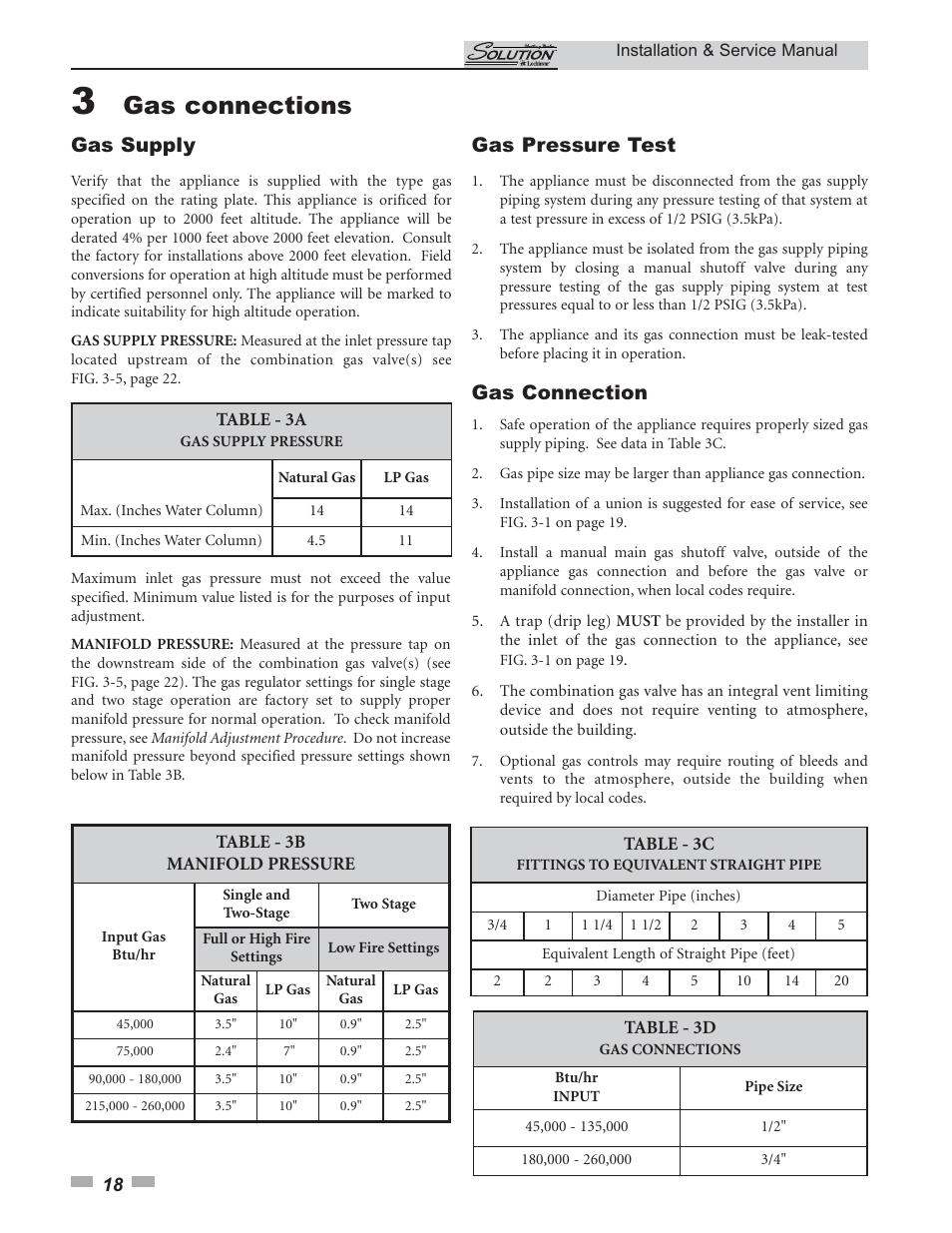 Gas connections, Gas supply, Gas pressure test | Gas connection | Lochinvar 45 User Manual | Page 18 / 52