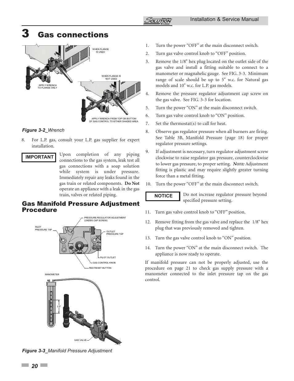 Gas connections, Gas manifold pressure adjustment procedure, Installation & service manual | Lochinvar 45 User Manual | Page 20 / 52