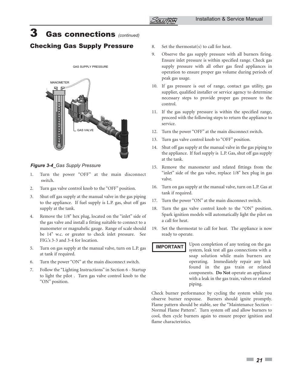 Gas connections, Checking gas supply pressure | Lochinvar 45 User Manual | Page 21 / 52