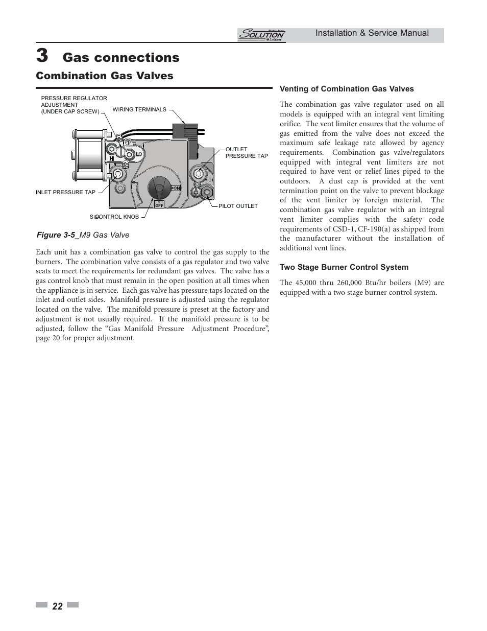 Gas connections, Combination gas valves | Lochinvar 45 User Manual | Page 22 / 52