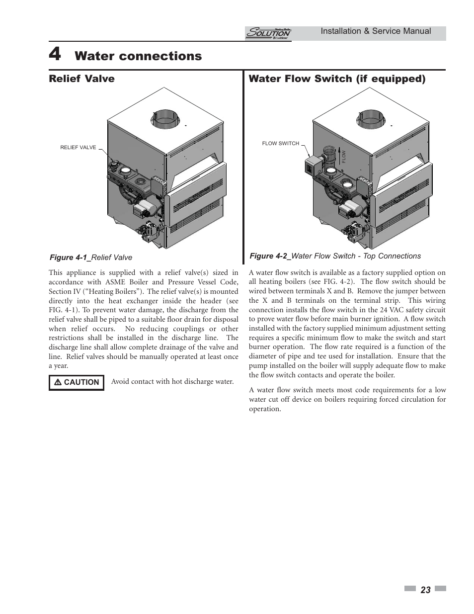 Water connections, Relief valve, Water flow switch (if equipped) | Lochinvar 45 User Manual | Page 23 / 52