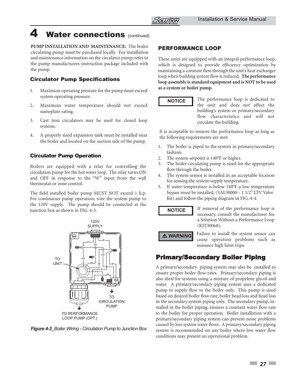 Water connections, Primary/secondary boiler piping | Lochinvar 45 User Manual | Page 27 / 52