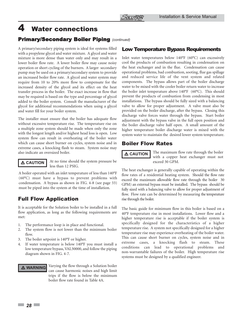 Water connections, Full flow application, Boiler flow rates | Low temperature bypass requirements, Primary/secondary boiler piping | Lochinvar 45 User Manual | Page 28 / 52
