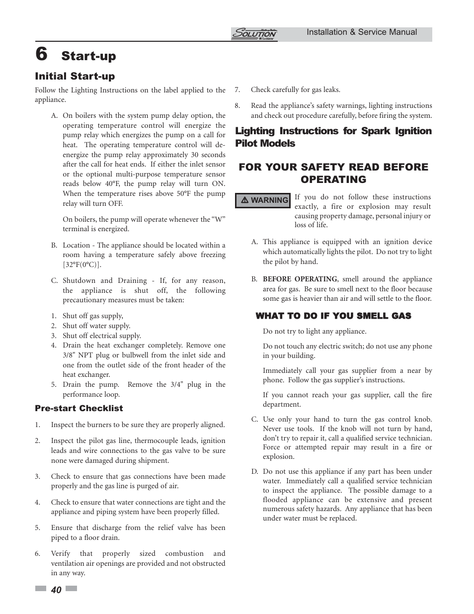 Start-up, Initial start-up | Lochinvar 45 User Manual | Page 40 / 52