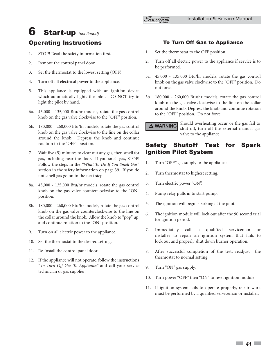 Start-up, Operating instructions | Lochinvar 45 User Manual | Page 41 / 52