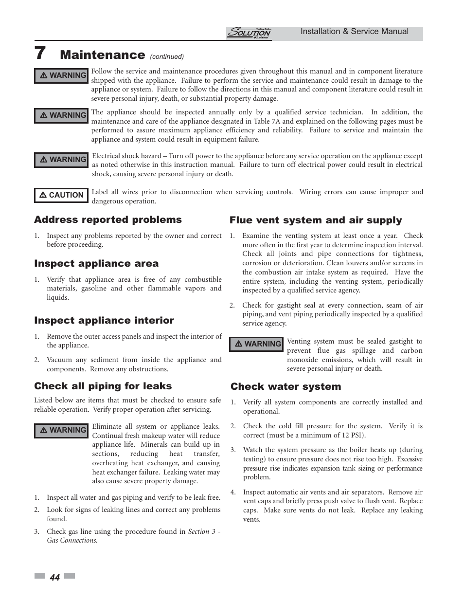 Maintenance, Address reported problems, Inspect appliance area | Inspect appliance interior, Check all piping for leaks, Flue vent system and air supply, Check water system | Lochinvar 45 User Manual | Page 44 / 52