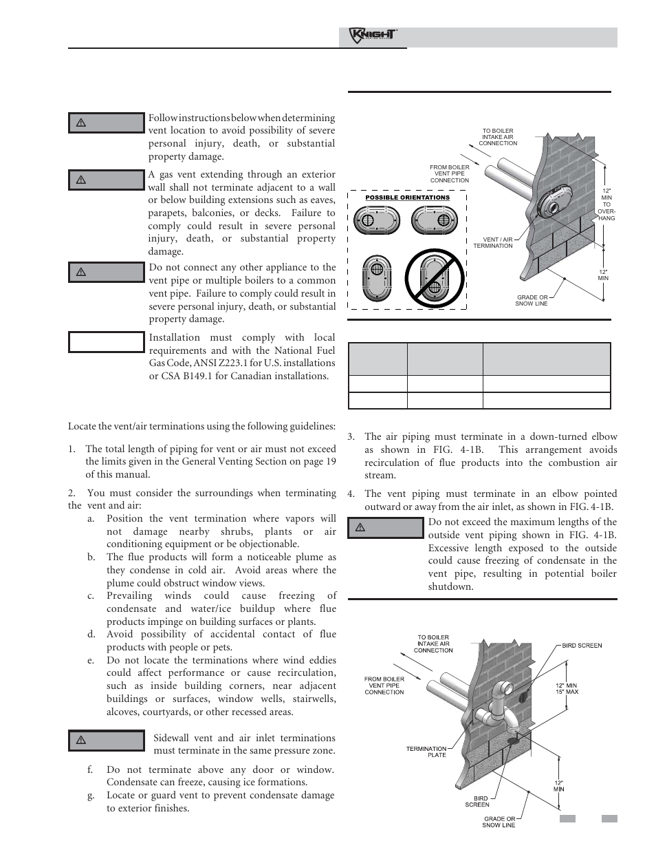 Sidewall direct, Venting, Vent/air termination – sidewall | Model kit number vent size | Lochinvar 81 - 286 User Manual | Page 21 / 80
