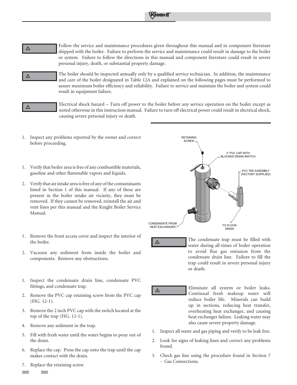 Maintenance, Address reported problems, Inspect boiler area | Inspect boiler interior, Clean condensate trap, Check all piping for leaks | Lochinvar 81 - 286 User Manual | Page 74 / 80