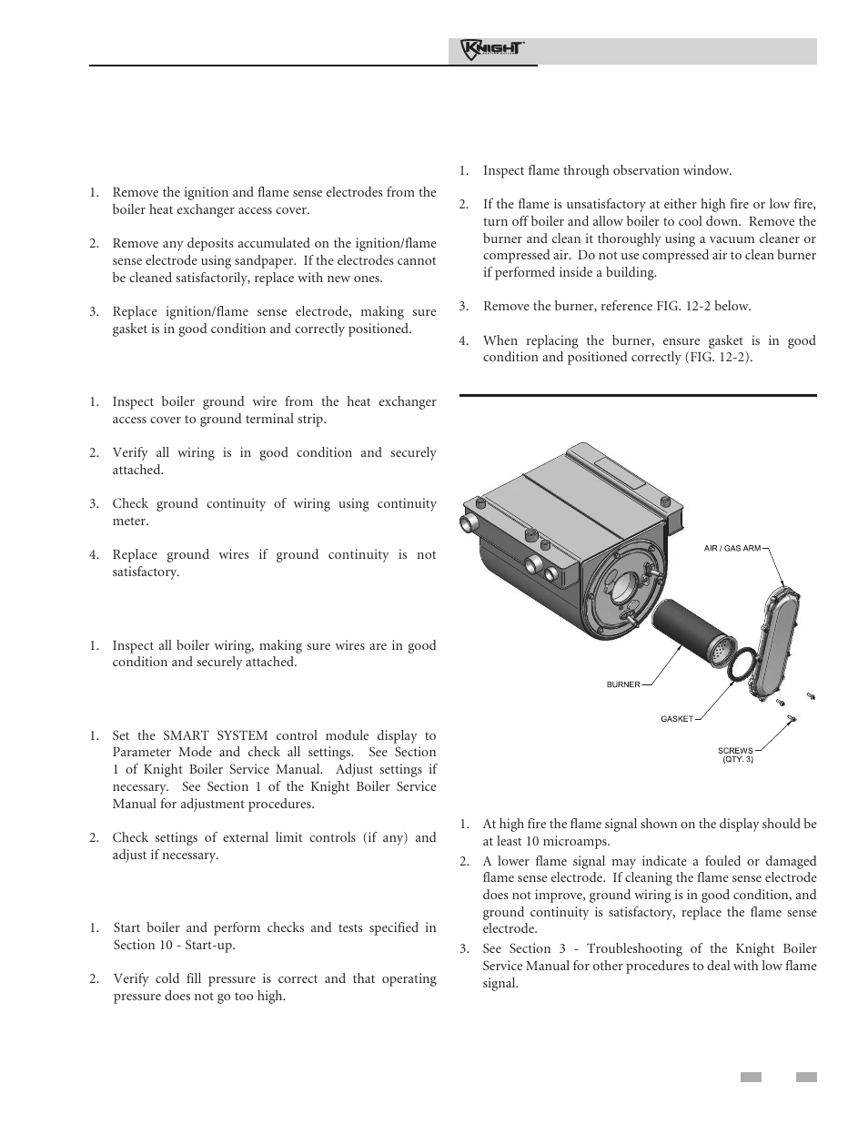 Maintenance, Inspect ignition and flame sense electrodes, Check ignition ground wiring | Check all boiler wiring, Check control settings, Perform start-up and checks, Check burner flame, Check flame signal | Lochinvar 81 - 286 User Manual | Page 75 / 80