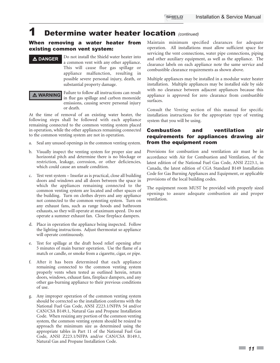 Determine water heater location | Lochinvar Shield SNA285-125 User Manual | Page 11 / 72