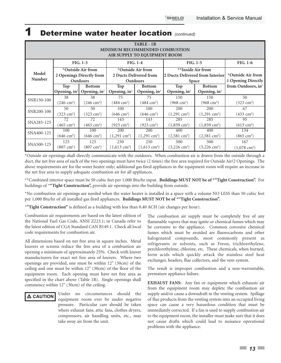 Determine water heater location, Installation & service manual | Lochinvar Shield SNA285-125 User Manual | Page 13 / 72