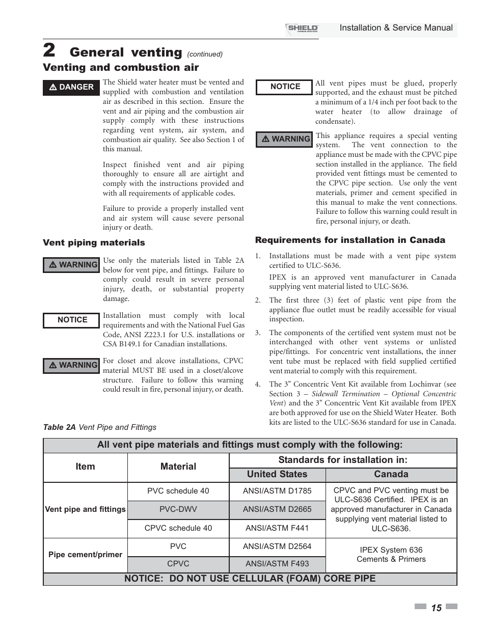 General venting, Venting and combustion air | Lochinvar Shield SNA285-125 User Manual | Page 15 / 72