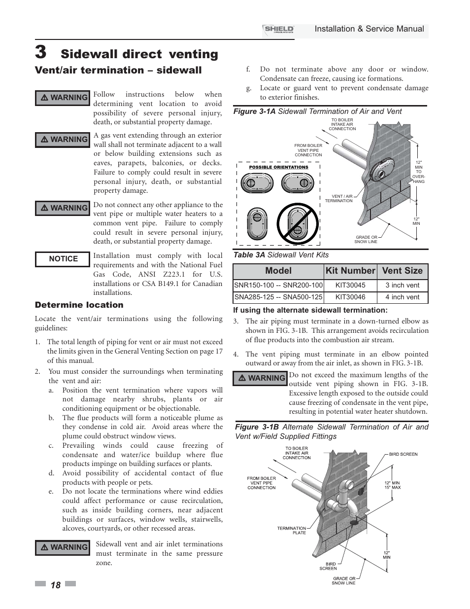 Sidewall direct venting, Vent/air termination – sidewall, Model kit number vent size | Lochinvar Shield SNA285-125 User Manual | Page 18 / 72