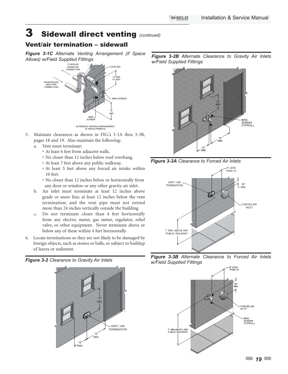 Sidewall direct venting, Vent/air termination – sidewall, Installation & service manual | Figure 3-2 clearance to gravity air inlets | Lochinvar Shield SNA285-125 User Manual | Page 19 / 72