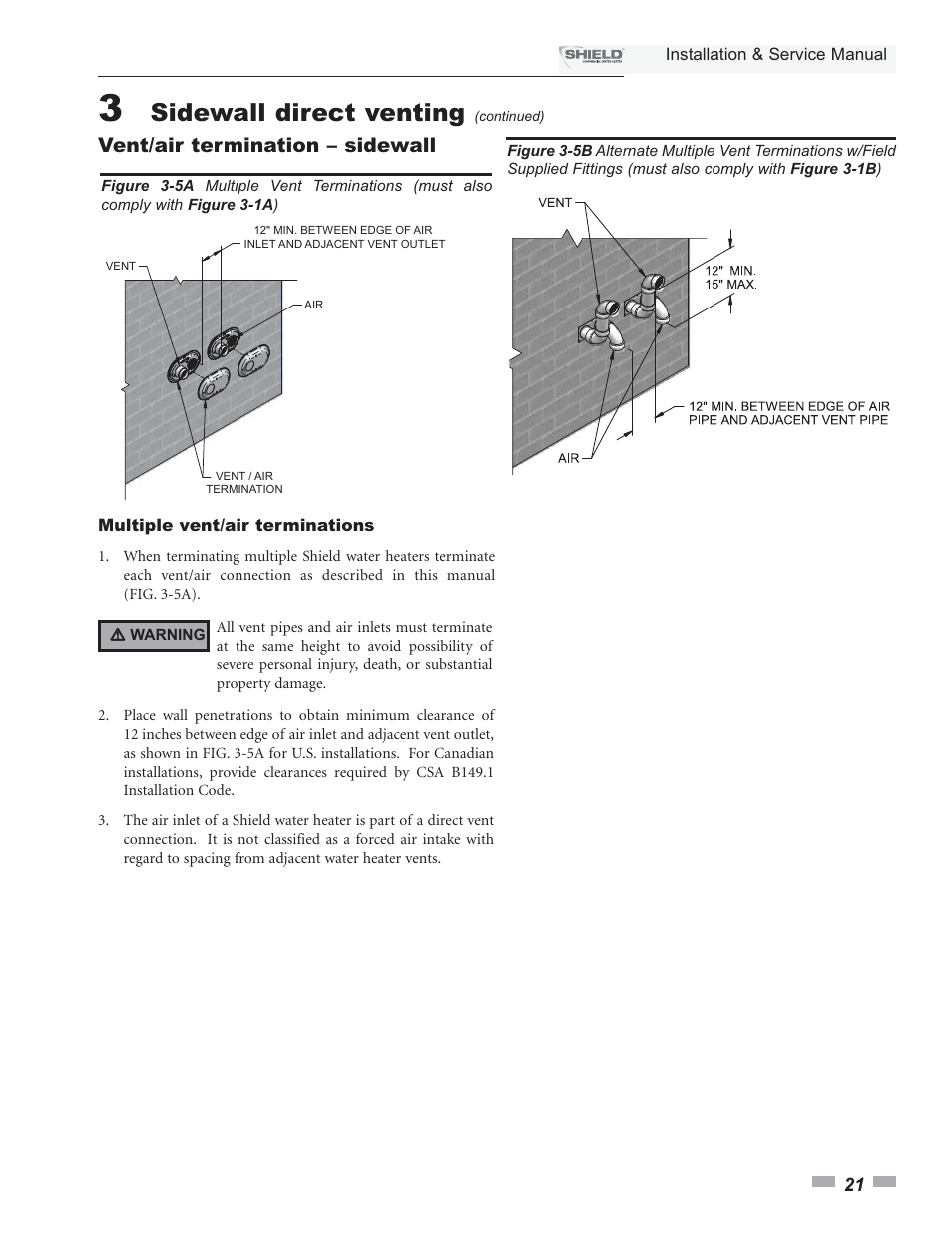 Sidewall direct venting, Vent/air termination – sidewall | Lochinvar Shield SNA285-125 User Manual | Page 21 / 72