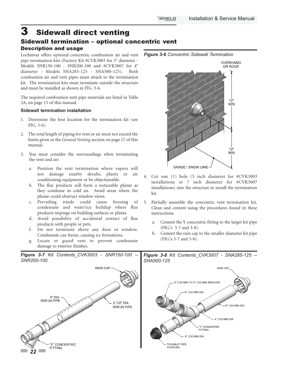 Sidewall direct venting, Sidewall termination – optional concentric vent | Lochinvar Shield SNA285-125 User Manual | Page 22 / 72