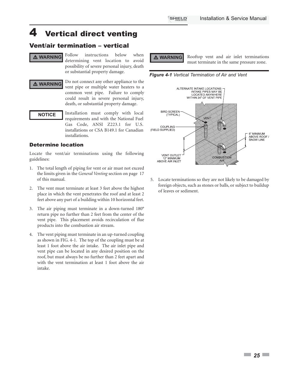 Vertical direct venting, Vent/air termination – vertical | Lochinvar Shield SNA285-125 User Manual | Page 25 / 72