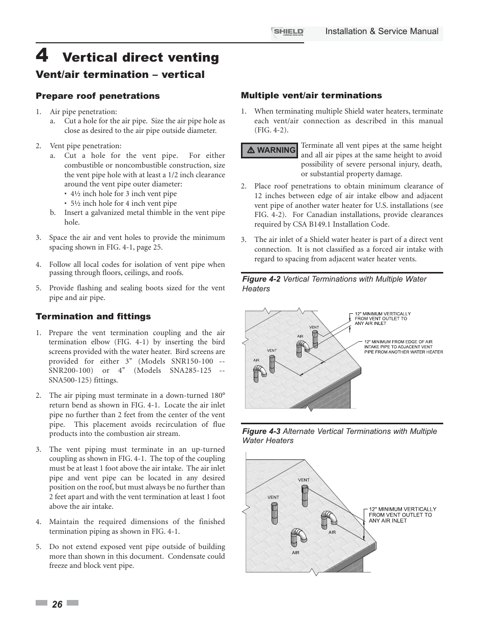 Vertical direct venting, Vent/air termination – vertical | Lochinvar Shield SNA285-125 User Manual | Page 26 / 72