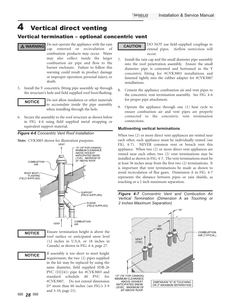 Vertical direct venting, Vertical termination – optional concentric vent | Lochinvar Shield SNA285-125 User Manual | Page 28 / 72