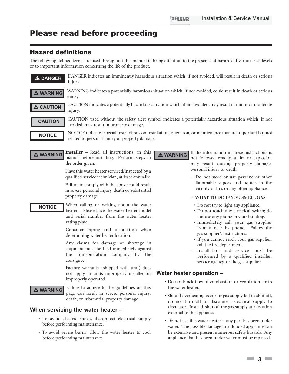 Please read before proceeding, Hazard definitions | Lochinvar Shield SNA285-125 User Manual | Page 3 / 72