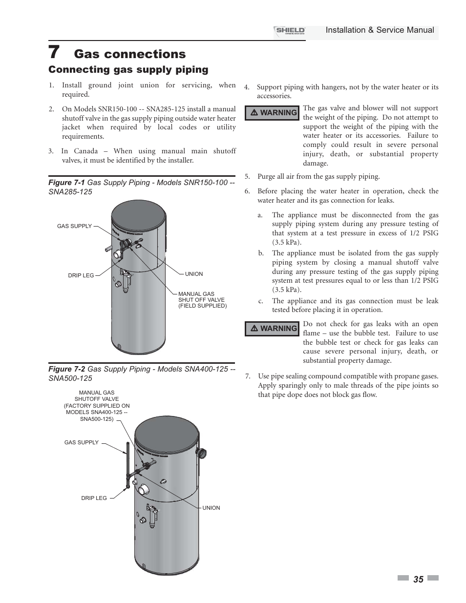 Gas connections, Connecting gas supply piping | Lochinvar Shield SNA285-125 User Manual | Page 35 / 72