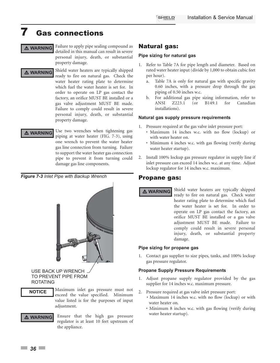 Gas connections, Natural gas, Propane gas | Lochinvar Shield SNA285-125 User Manual | Page 36 / 72