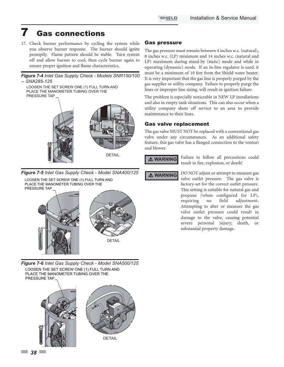 Gas connections | Lochinvar Shield SNA285-125 User Manual | Page 38 / 72