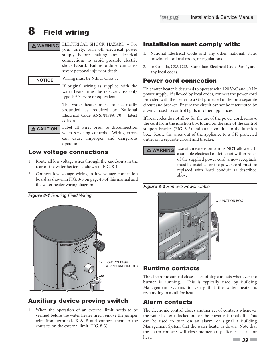 Field wiring, Installation must comply with, Power cord connection | Auxiliary device proving switch, Low voltage connections, Runtime contacts, Alarm contacts | Lochinvar Shield SNA285-125 User Manual | Page 39 / 72