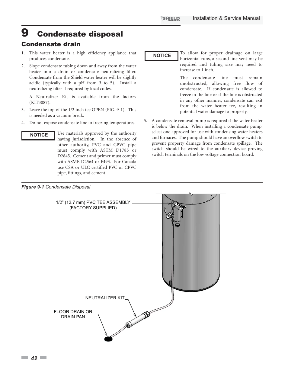 Condensate disposal, Condensate drain | Lochinvar Shield SNA285-125 User Manual | Page 42 / 72