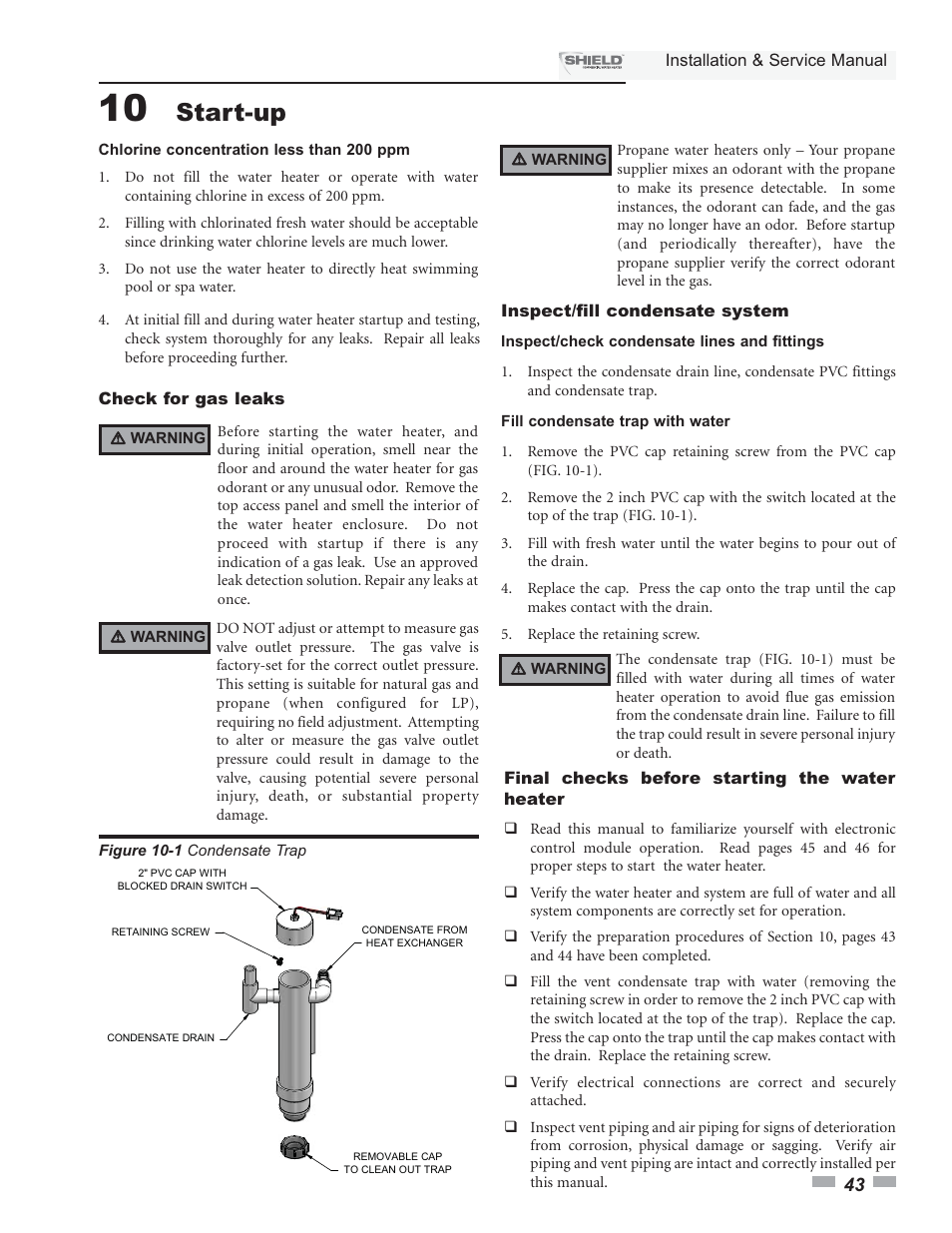 Start-up | Lochinvar Shield SNA285-125 User Manual | Page 43 / 72