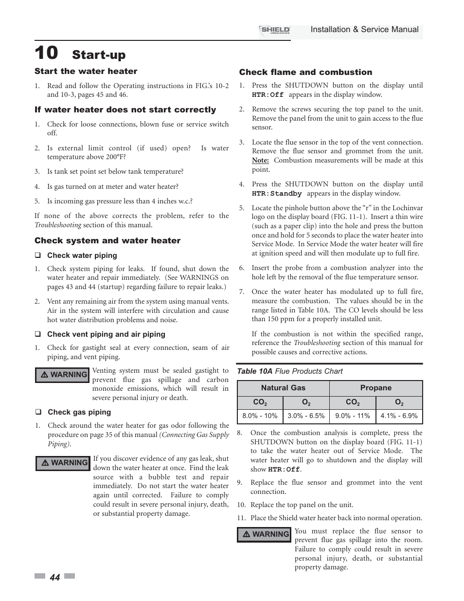 Start-up | Lochinvar Shield SNA285-125 User Manual | Page 44 / 72