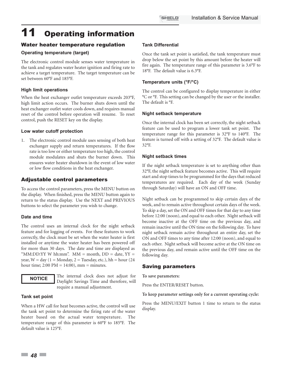 Operating information | Lochinvar Shield SNA285-125 User Manual | Page 48 / 72