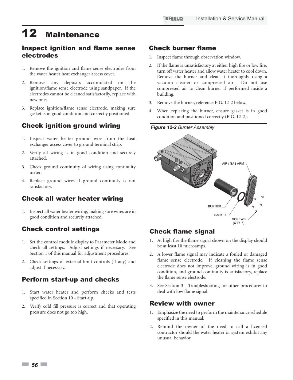 Maintenance, Inspect ignition and flame sense electrodes, Check ignition ground wiring | Check all water heater wiring, Check control settings, Perform start-up and checks, Check burner flame, Check flame signal, Review with owner | Lochinvar Shield SNA285-125 User Manual | Page 56 / 72