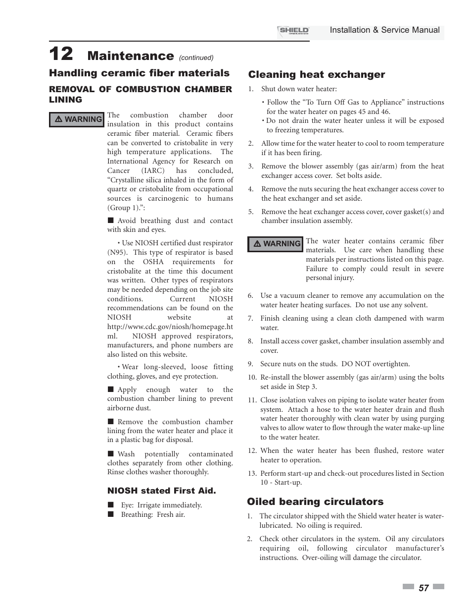 Maintenance, Cleaning heat exchanger, Oiled bearing circulators | Handling ceramic fiber materials | Lochinvar Shield SNA285-125 User Manual | Page 57 / 72