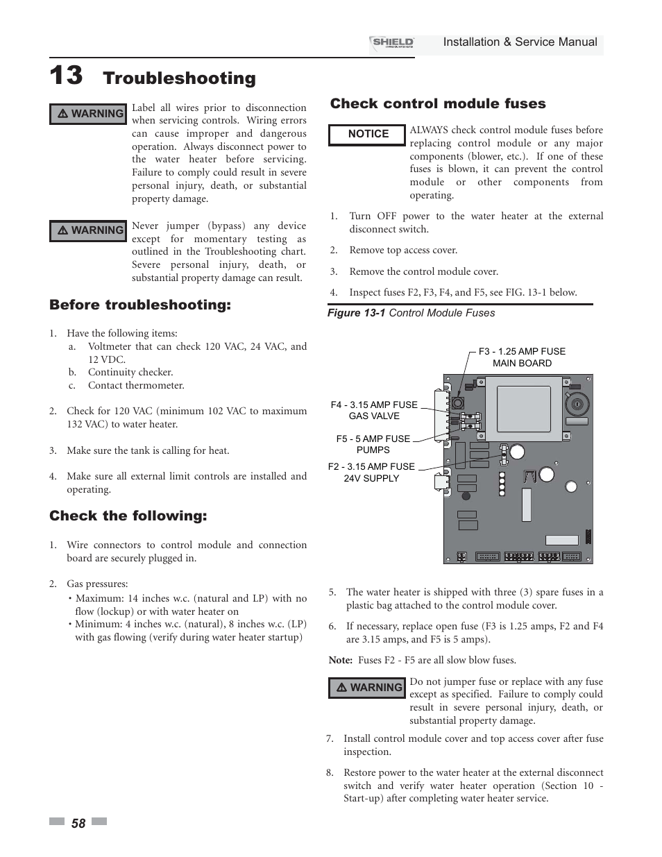 Troubleshooting, Before troubleshooting, Check the following | Check control module fuses | Lochinvar Shield SNA285-125 User Manual | Page 58 / 72