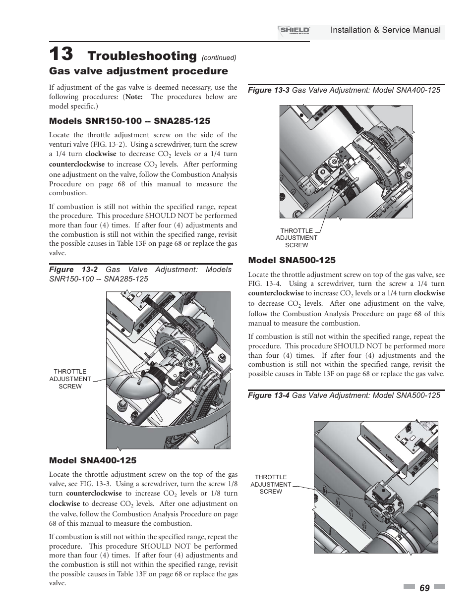 Troubleshooting, Gas valve adjustment procedure | Lochinvar Shield SNA285-125 User Manual | Page 69 / 72