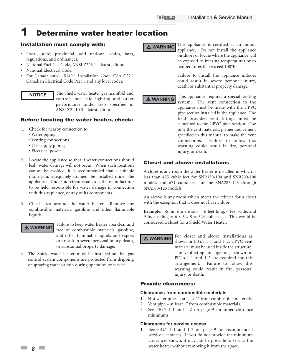 Determine water heater location | Lochinvar Shield SNA285-125 User Manual | Page 8 / 72