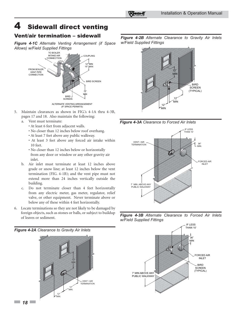 Sidewall direct venting, Vent/air termination – sidewall, Installation & operation manual | Figure 4-2a clearance to gravity air inlets, Figure 4-3a clearance to forced air inlets | Lochinvar Knight 50-210 User Manual | Page 18 / 68