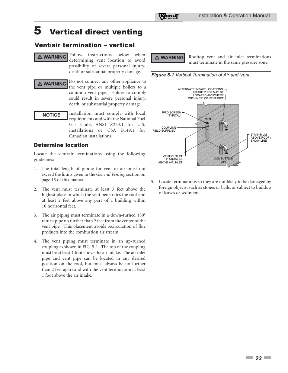 Vertical direct venting, Vent/air termination – vertical | Lochinvar Knight 50-210 User Manual | Page 23 / 68